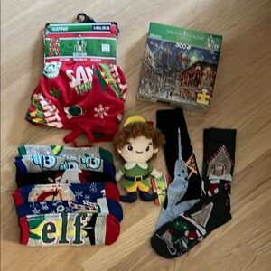 Elf Christmas Themed Sleepwear, puzzle, plush and Socks Set